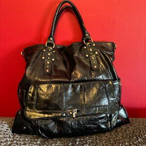 SISLEY Black Patent Leather Bag Silver Studs - Large, Great Condition - STUNNING